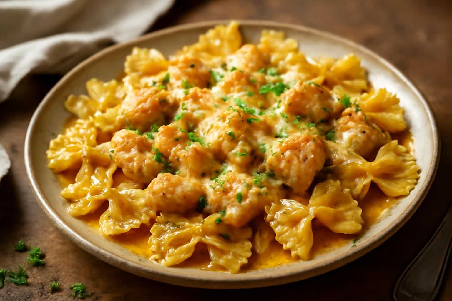 Cheesy garlic butter chicken bowties plated with melted cheese and fresh parsley garnish