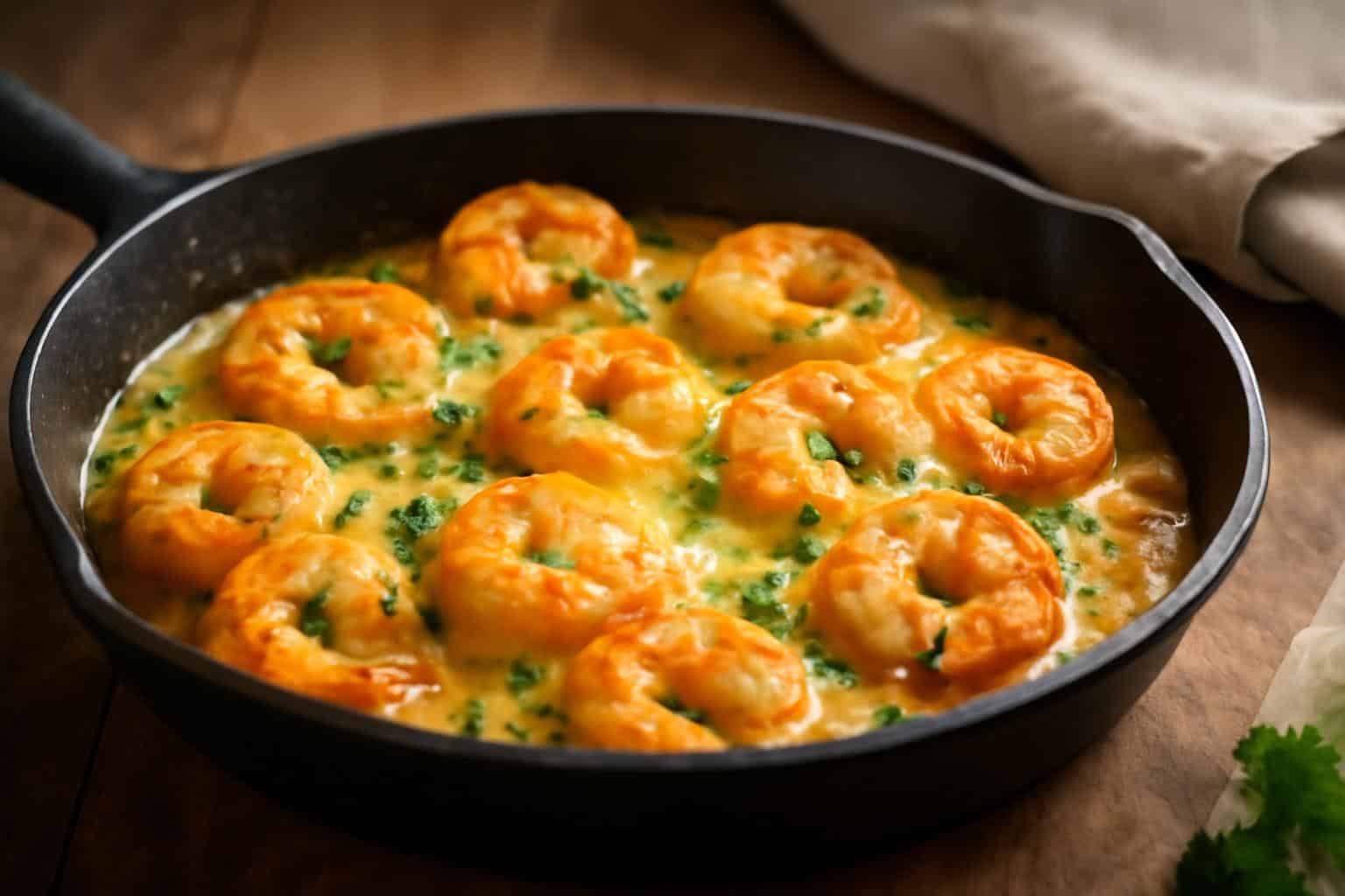 Cheesy garlic shrimp in buttery sauce garnished with parsley, showcasing cheesy garlic shrimp