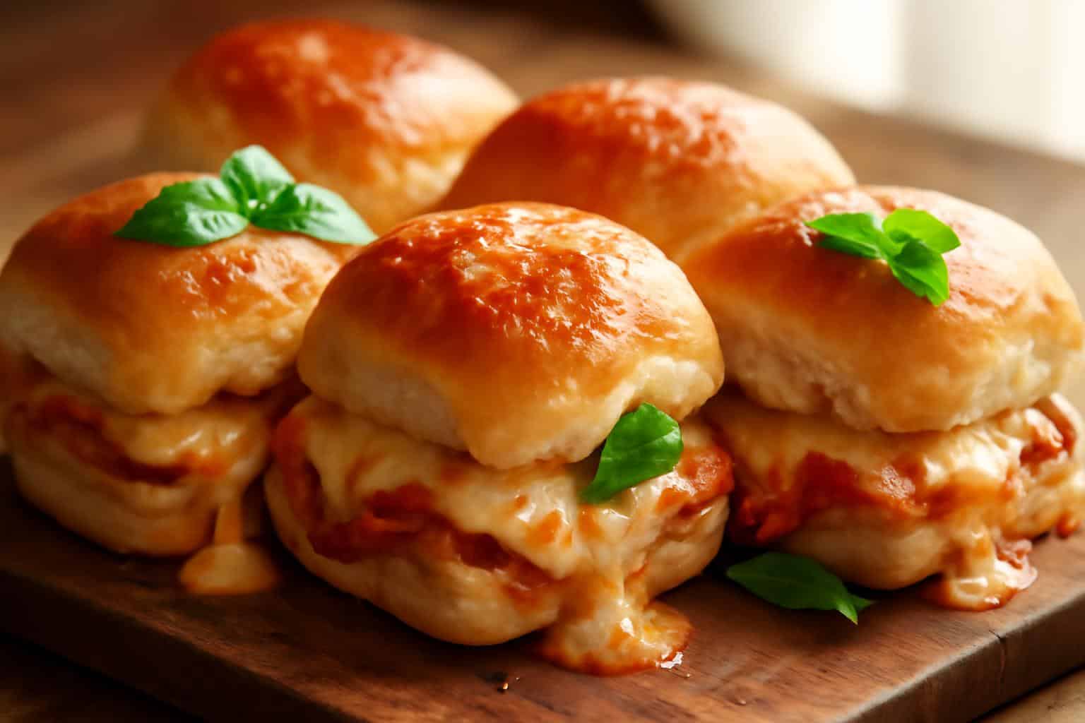 Cheesy baked sliders with Italian flavors on a rustic board, melted cheese and fresh basil garnish
