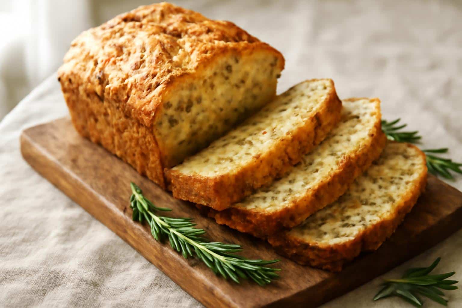 Sliced cheesy Italian herb bread with golden crust and melted cheese, garnished with fresh rosemary