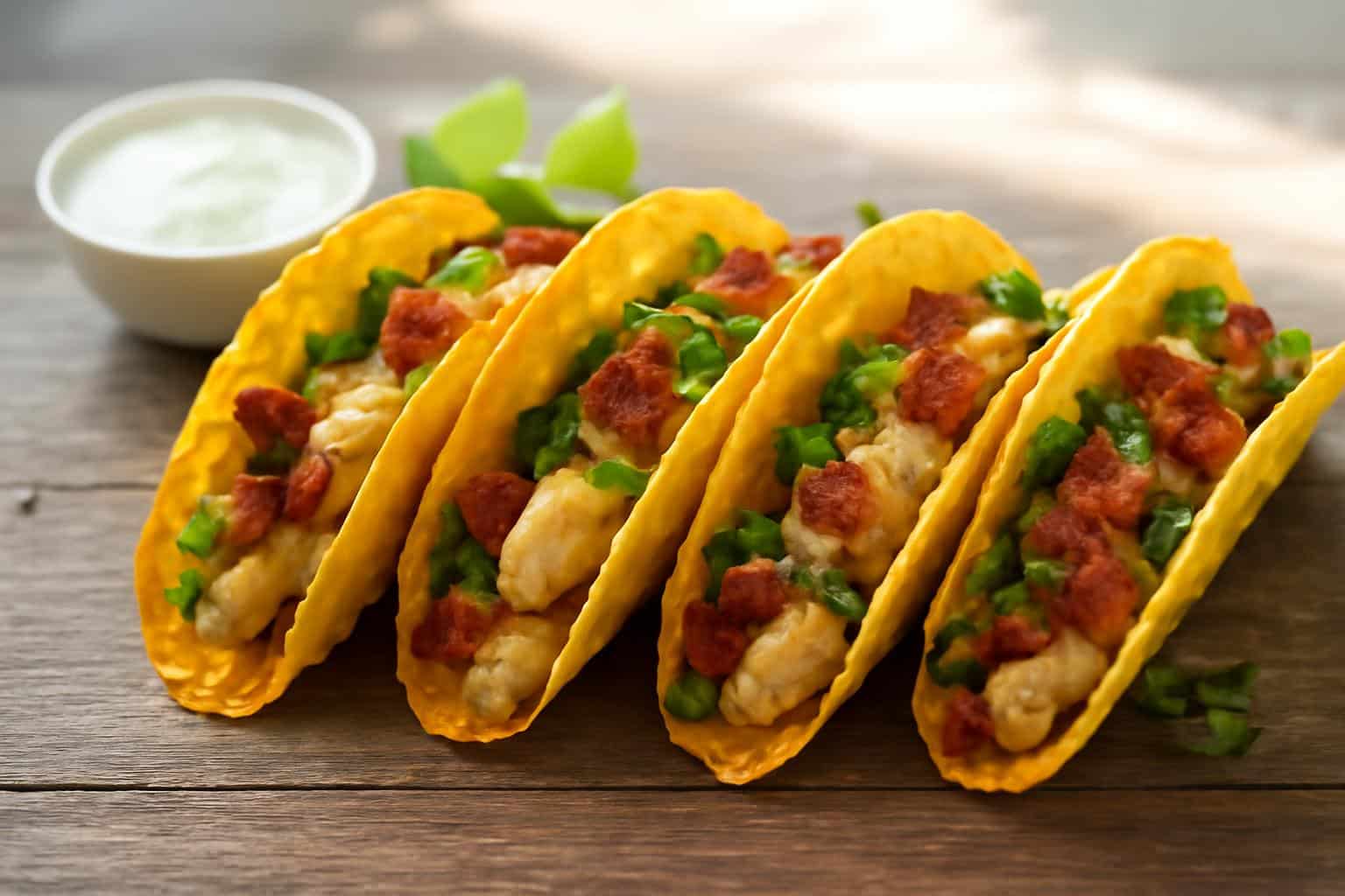 Cheesy oven-crispy chicken bacon ranch tacos served on rustic plate with ranch sauce garnish