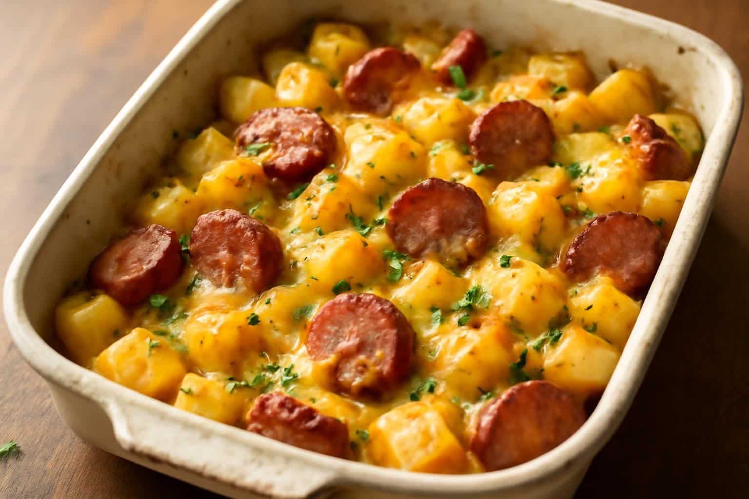 Cheesy ranch potatoes with smoked sausage garnished with parsley in a rustic baking dish