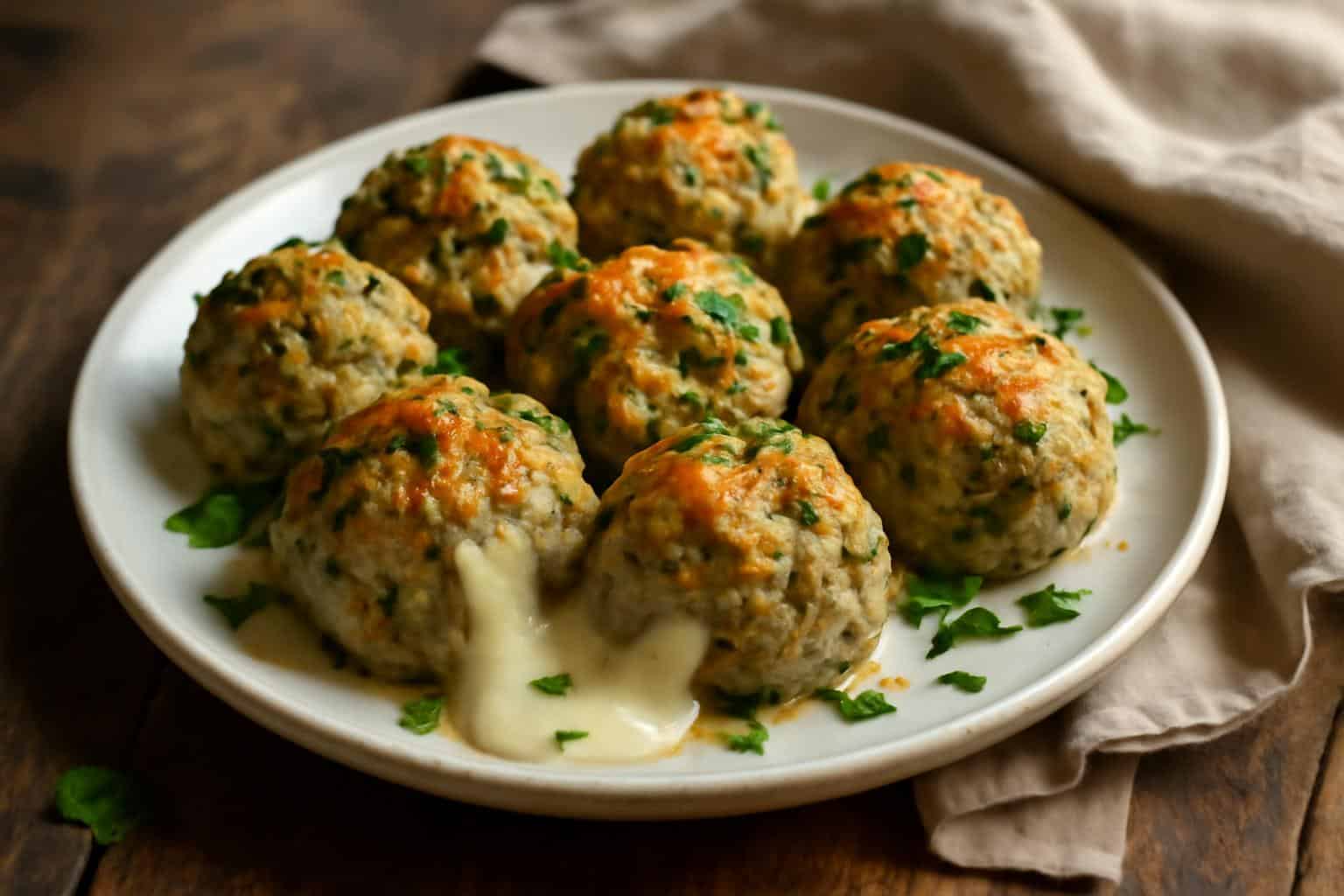 Cheesy spinach meatballs with garlic and melted mozzarella surprise inside on a rustic plate