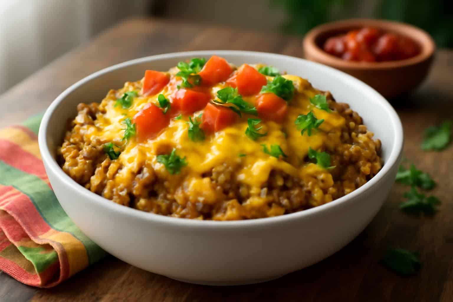 Bowl of cheesy taco rice topped with melted cheese and fresh cilantro garnish