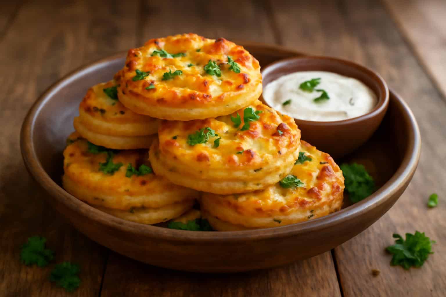 Golden baked cheesy tennessee onions stacked in bowl with dipping sauce and parsley garnish