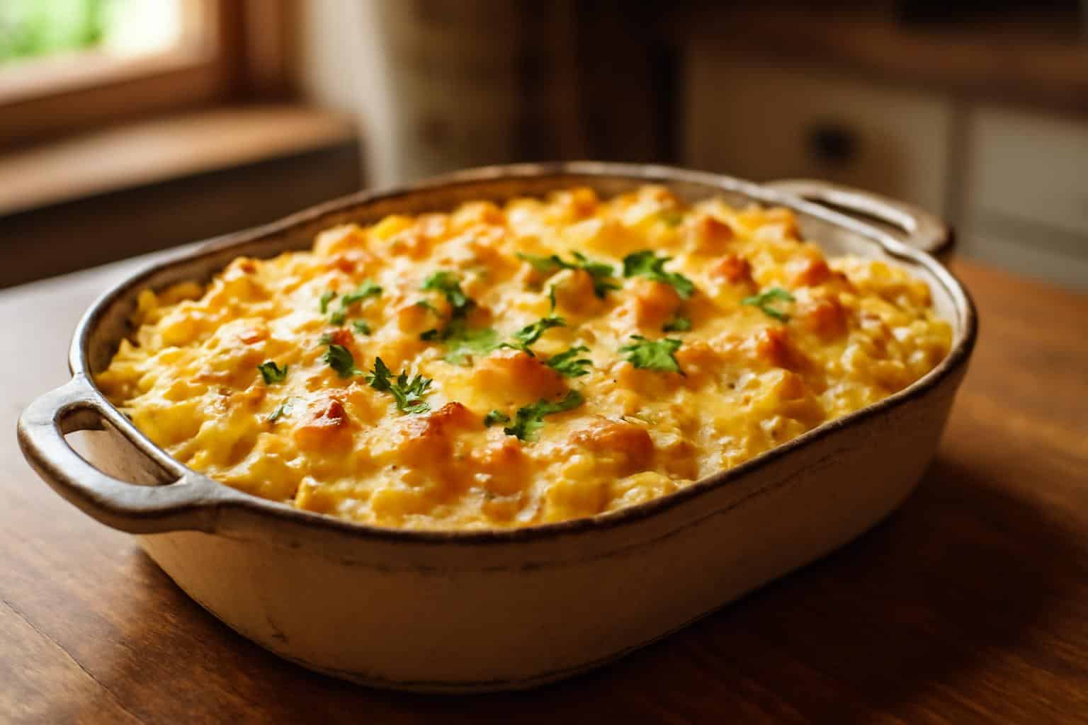 Cheesy pasta bake with white cheddar and mozzarella in a ceramic dish garnished with parsley