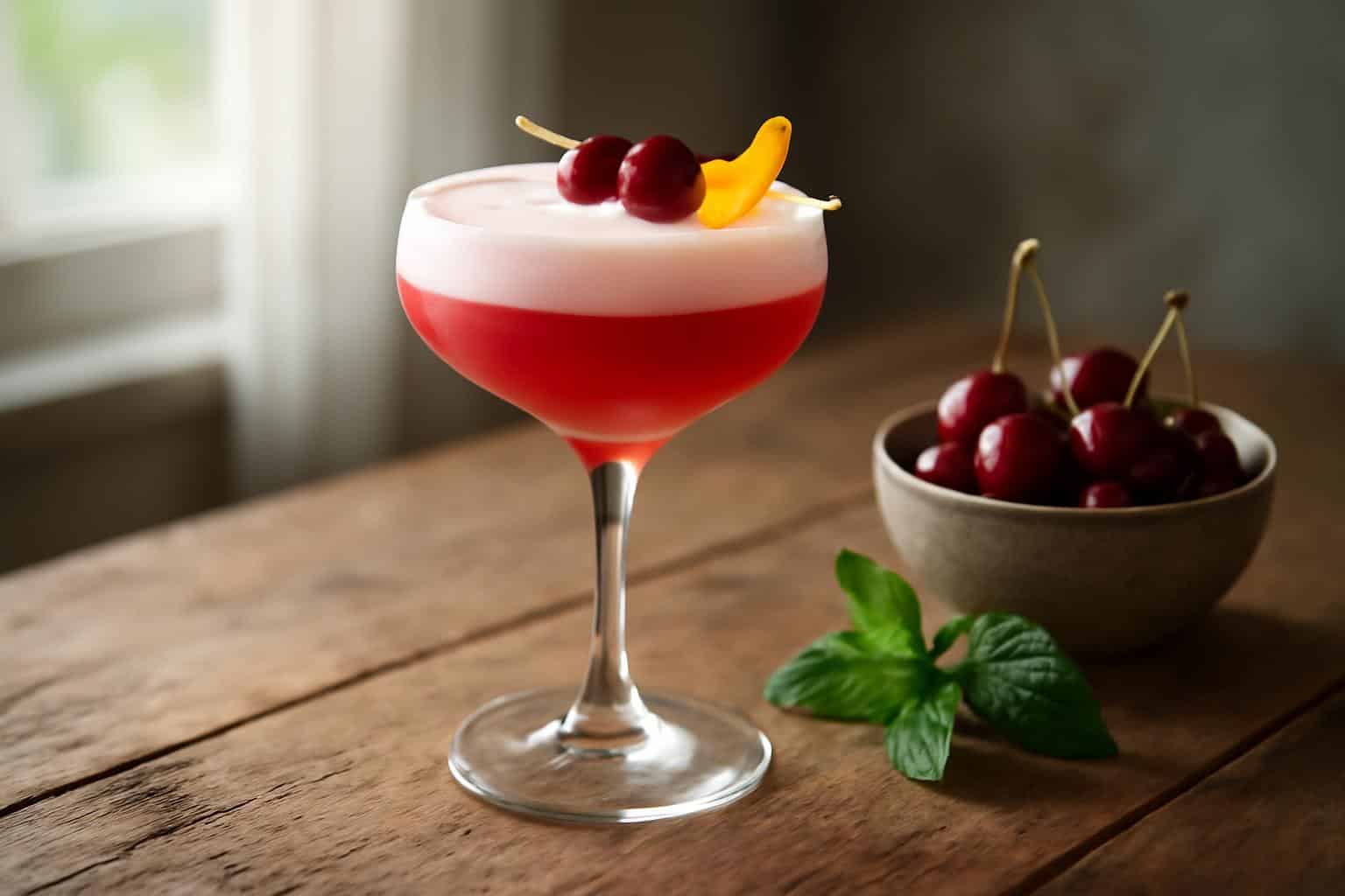 Cherry Bliss Gin Sour cocktail garnished with fresh cherries and citrus twist