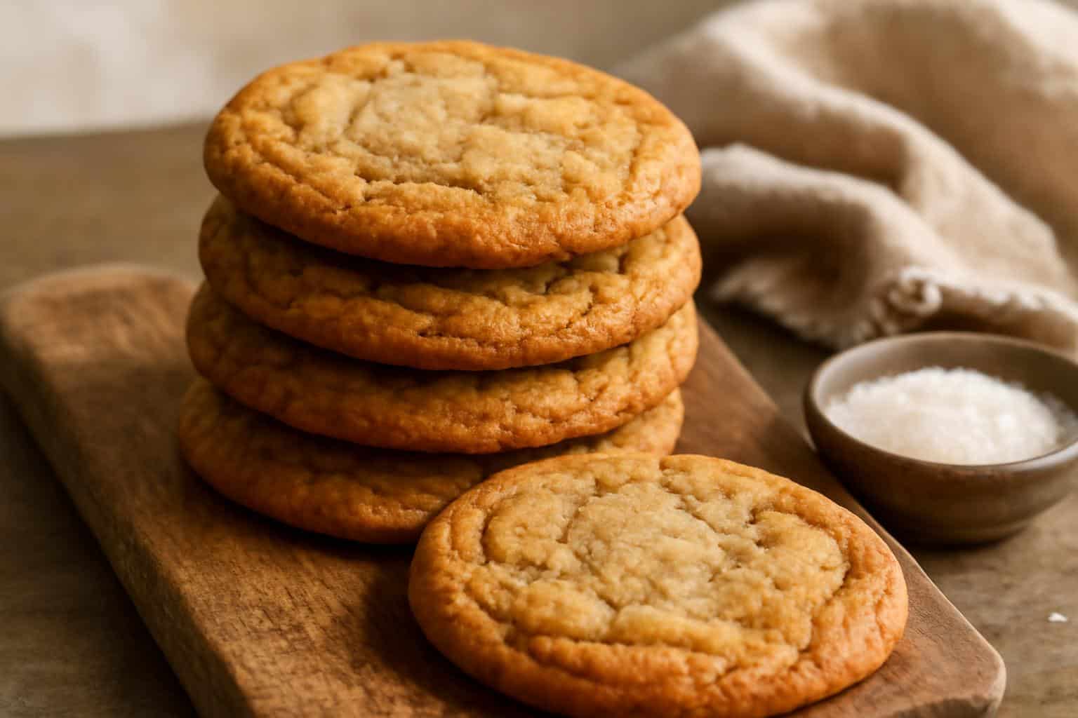 Chewy brown butter sugar cookies stacked showing golden edges and soft centers