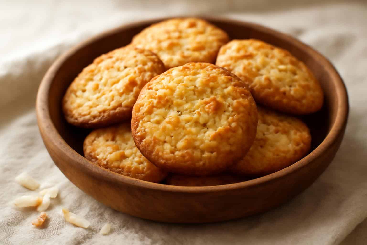 Plate of chewy coconut cookies with toasted coconut flakes on top, a tropical treat