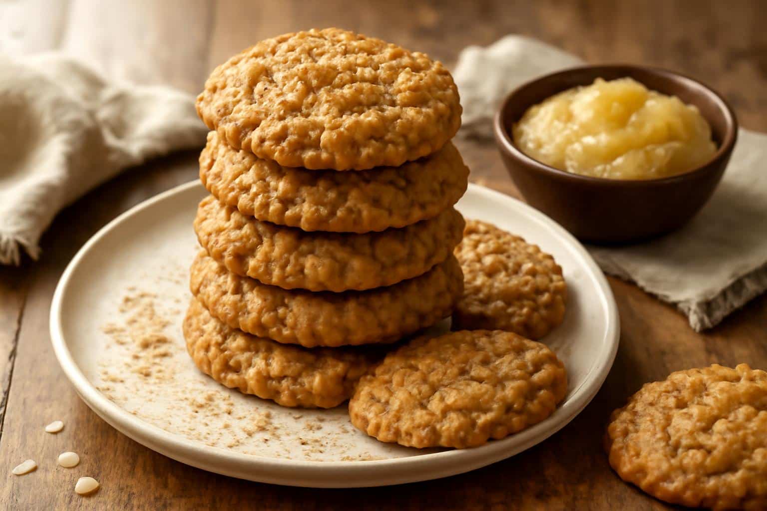 Chewy low sugar oatmeal cookies made with applesauce stacked on a rustic wooden plate