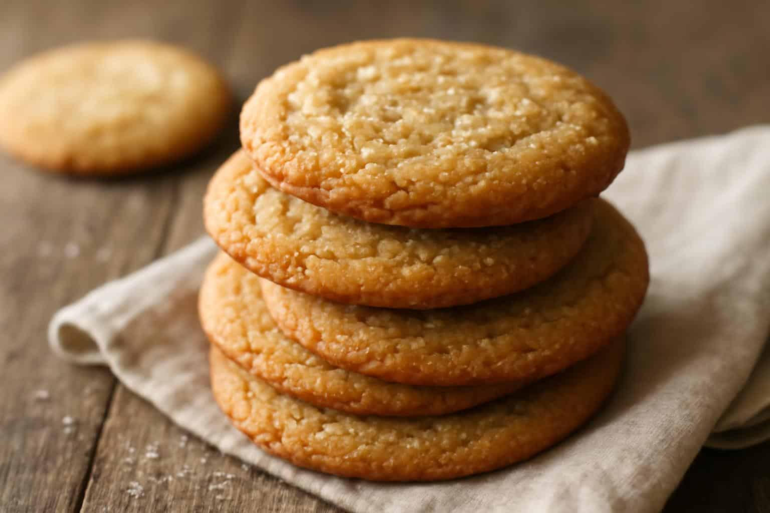 chewy sugar cookies with brown butter stacked on rustic wooden surface with sugar crystals
