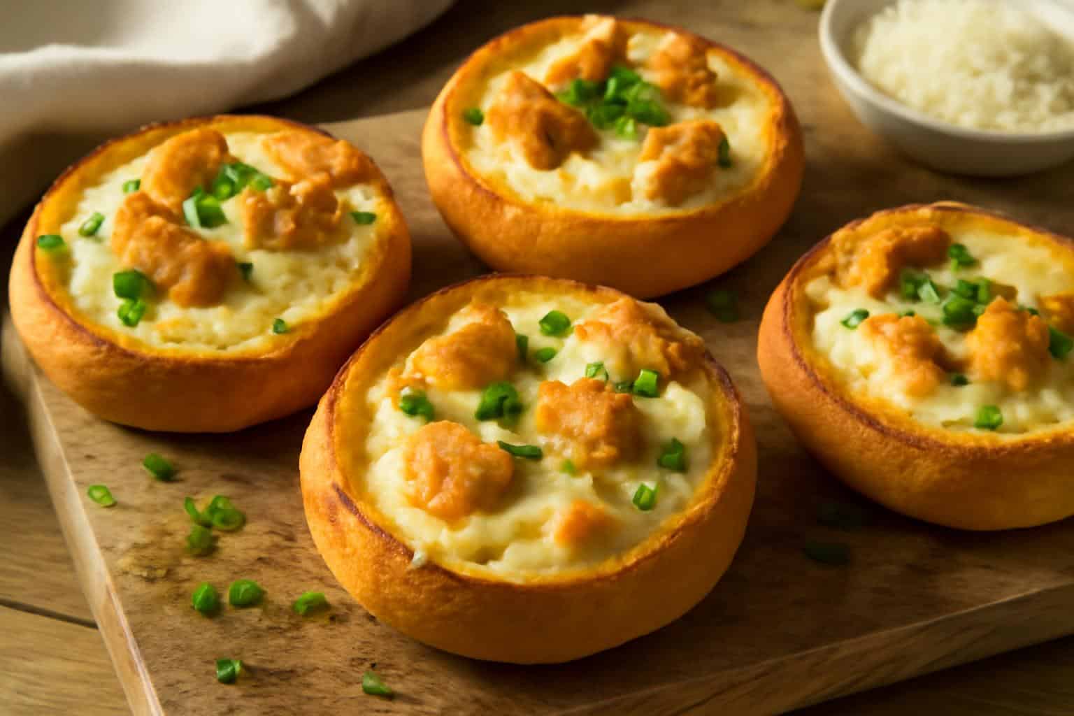 Chicken alfredo garlic bread bowls filled with creamy sauce and melted cheese garnished with parsley