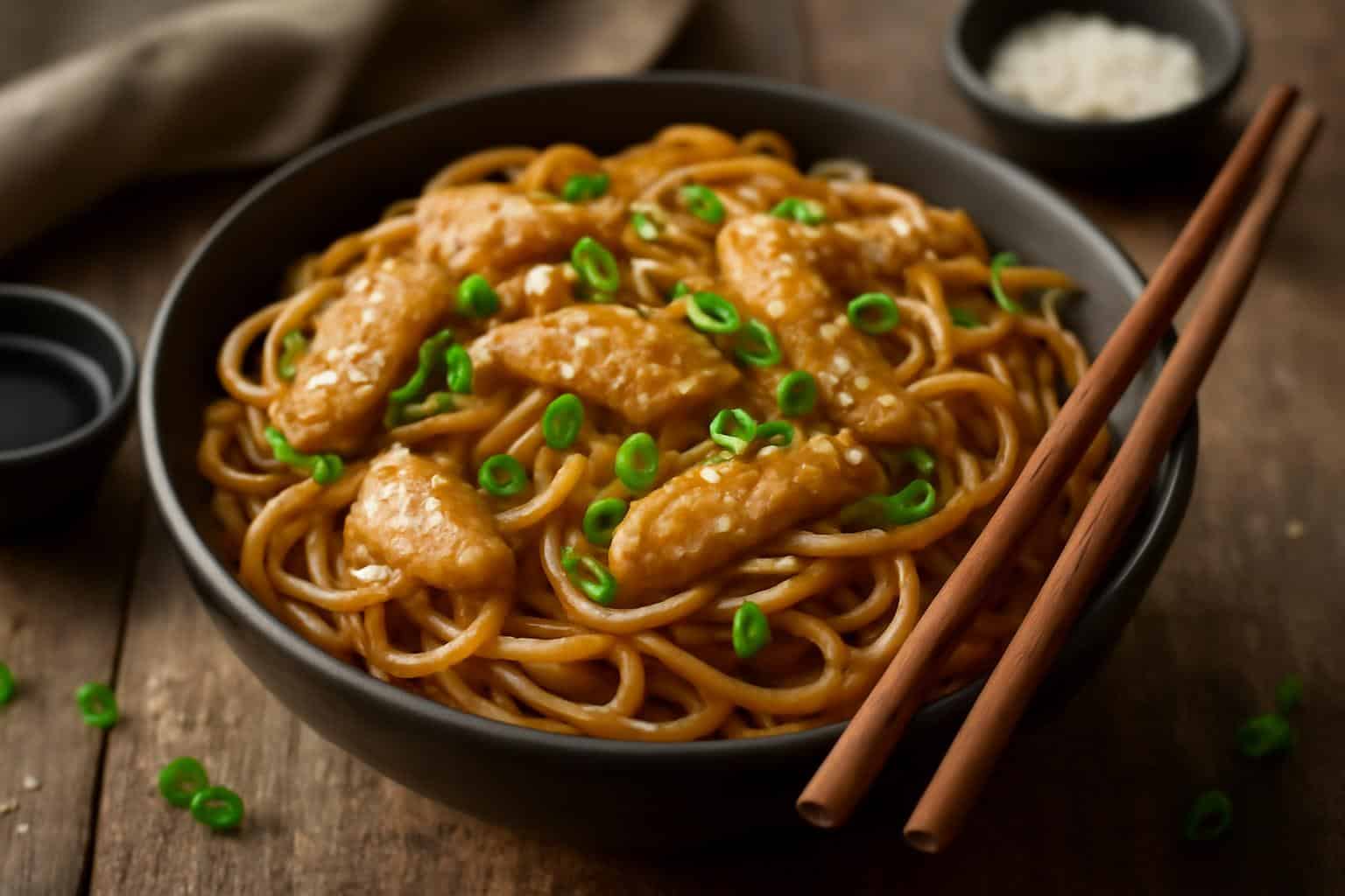 Chicken chow mein dish with noodles, chicken, and green onions in bowl, best chicken chow mein