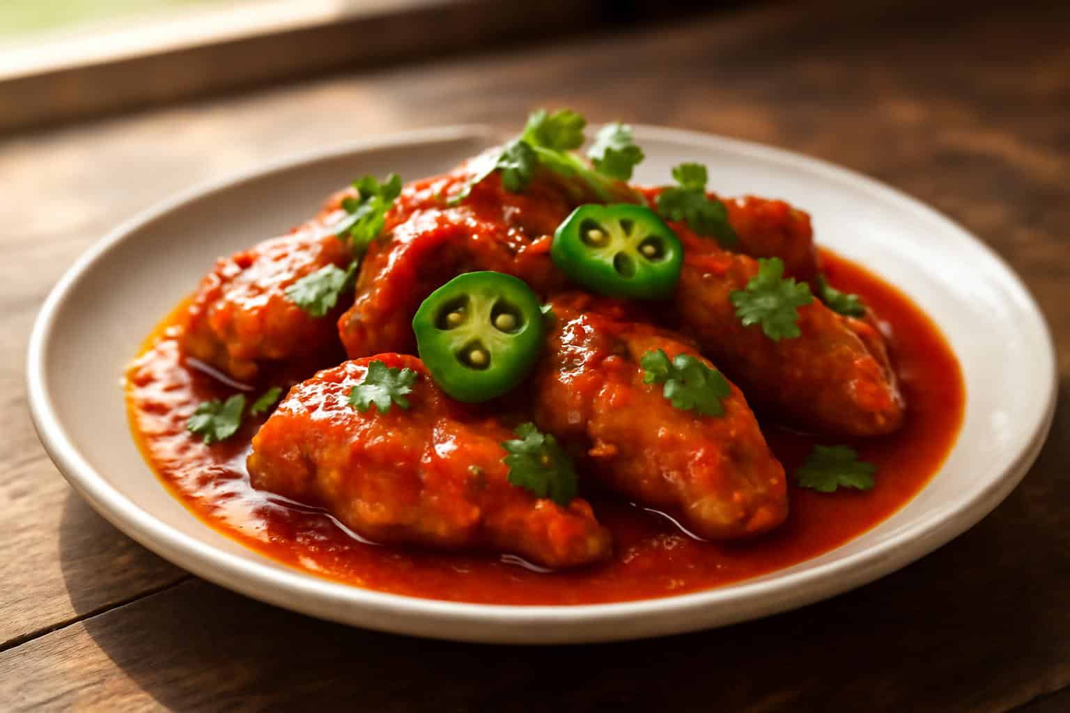 Spicy sweet chicken diablo plated with red sauce and jalapeño garnish