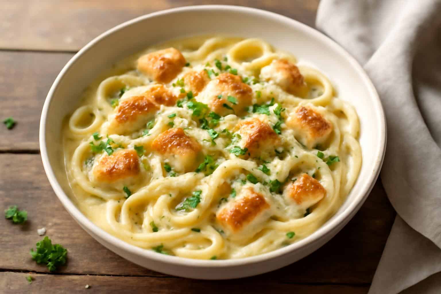 Creamy chicken garlic parmesan pasta with fresh parsley garnish on rustic table