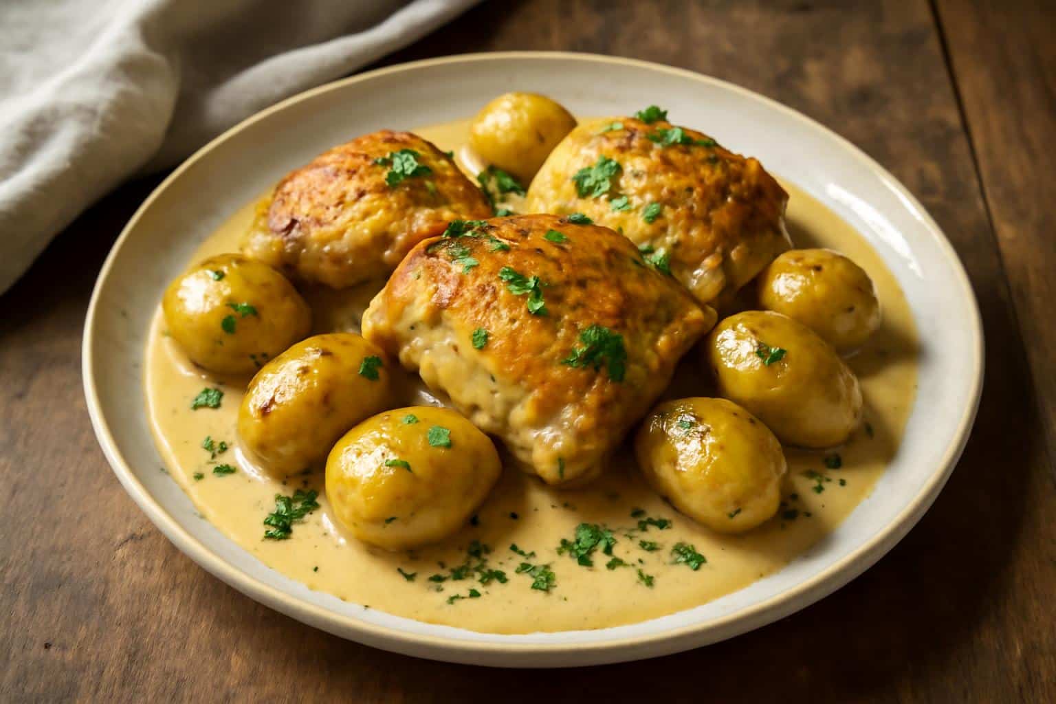 Roasted chicken and potatoes with creamy Dijon sauce and fresh parsley garnish