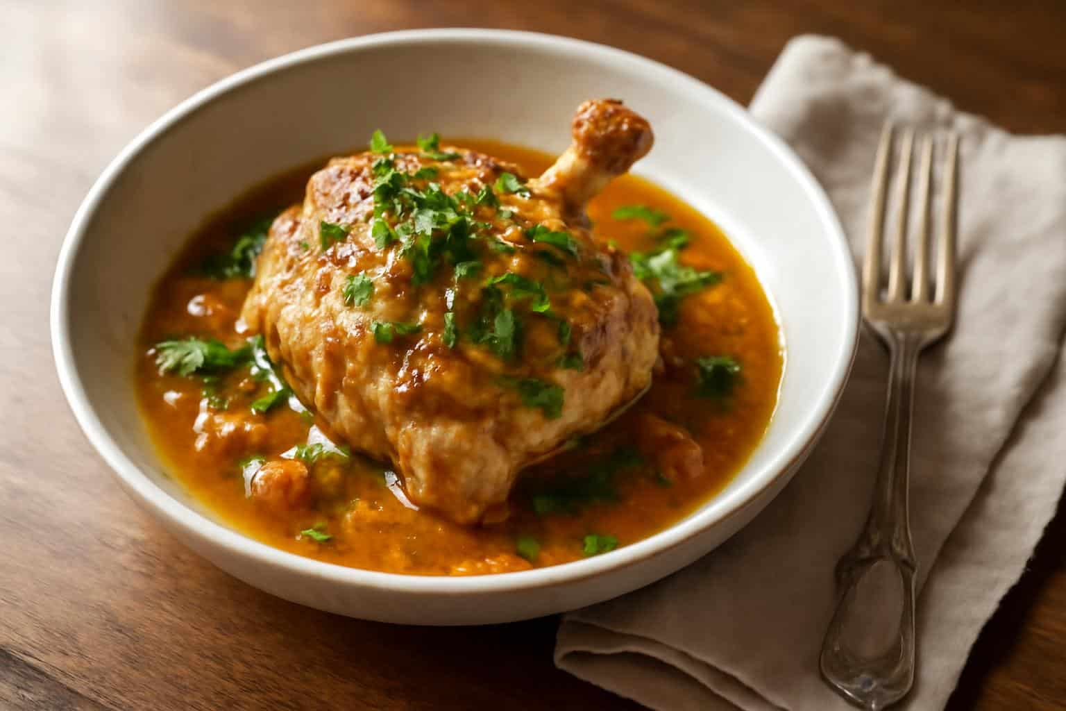 Close-up of chicken thigh osso bucco in a rustic bowl with braised sauce and parsley garnish