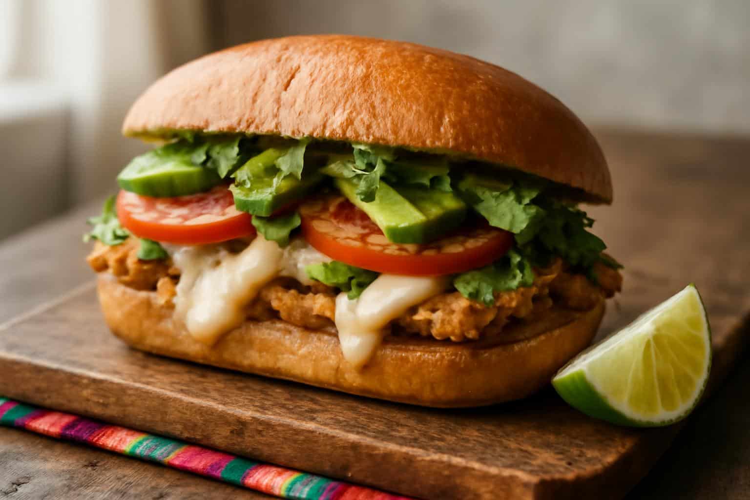 Chicken torta sandwich with avocado, melted cheese, tomato, and cilantro on rustic bread
