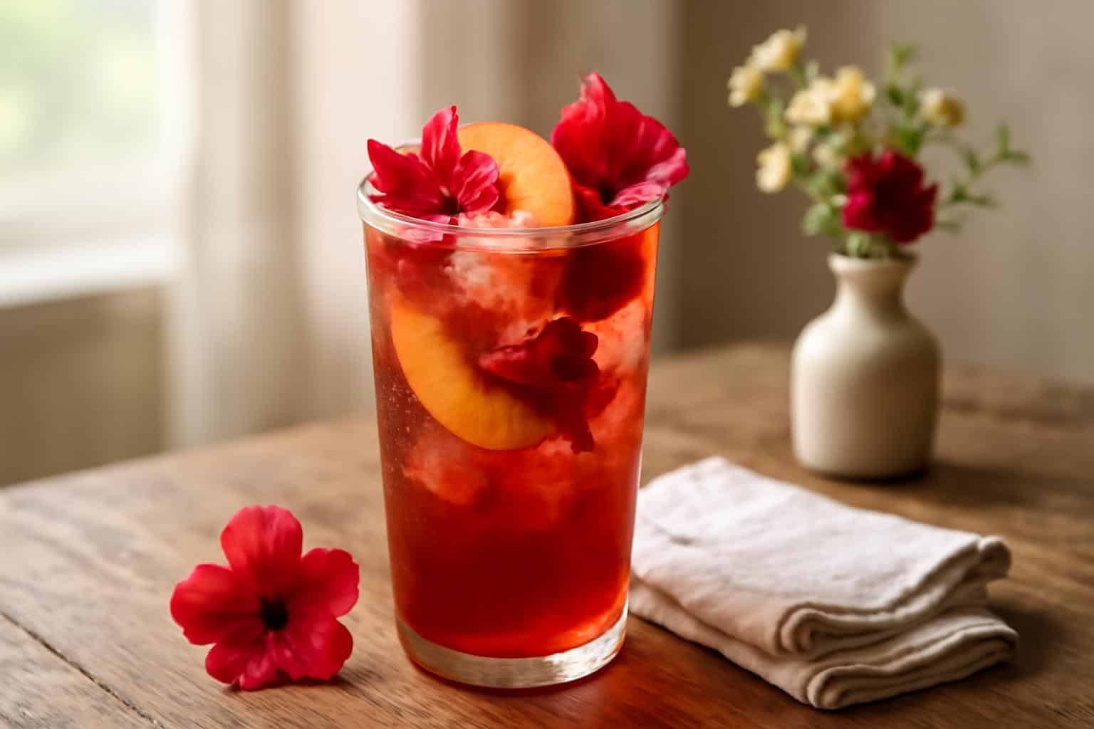 Glass of cold brew peach hibiscus drink garnished with peach slices and hibiscus flowers