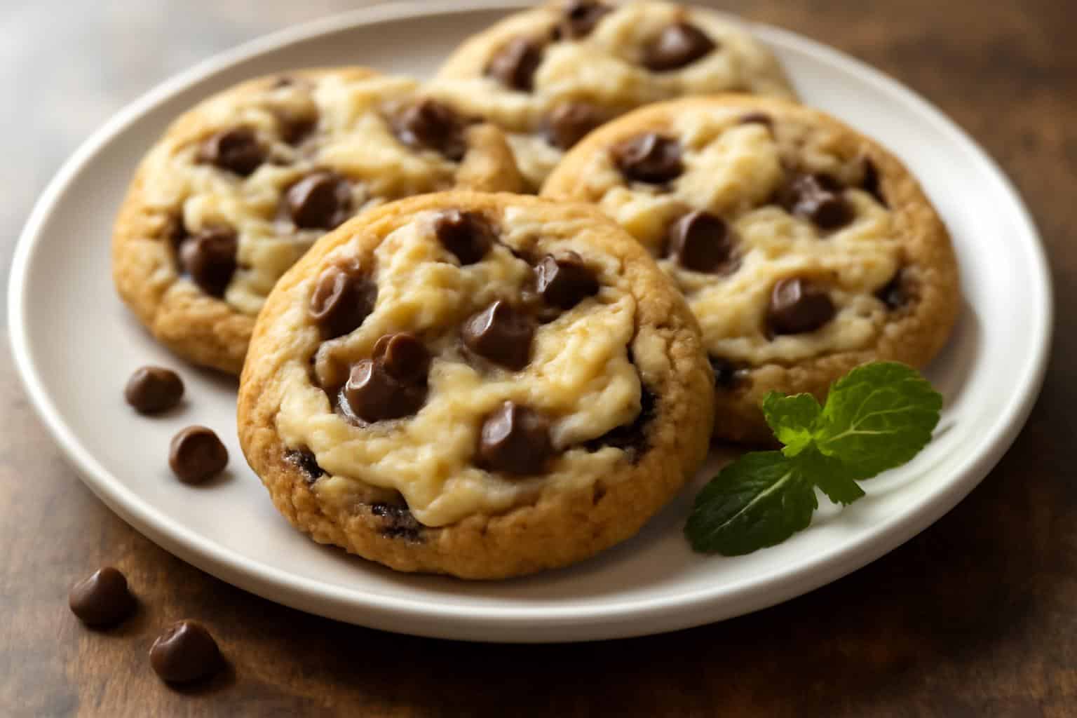 Plate of chocolate chip cheesecake cookies with creamy swirls and chocolate chips