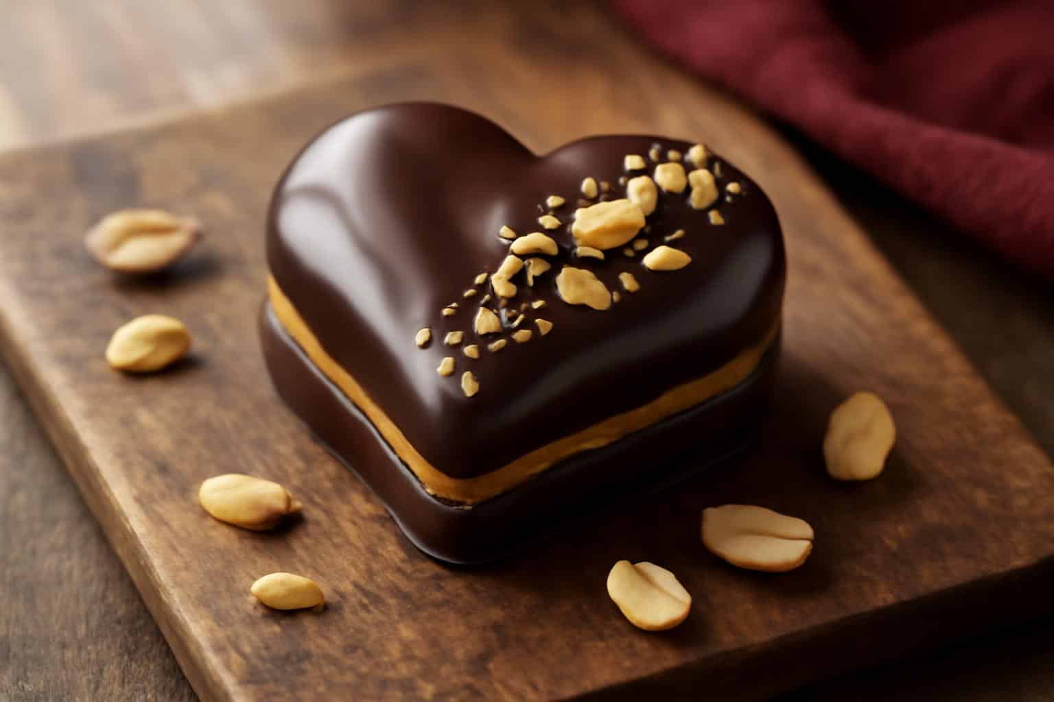 Chocolate peanut butter Valentine’s heart dessert on rustic wooden surface with peanut garnish