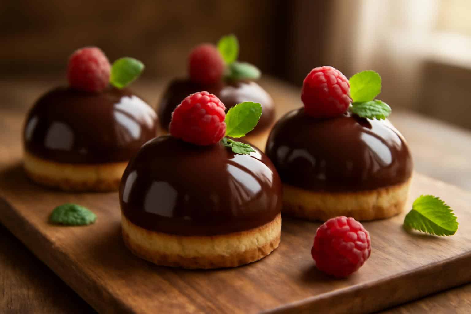 Chocolate raspberry cheesecake domes garnished with fresh raspberries and mint leaves