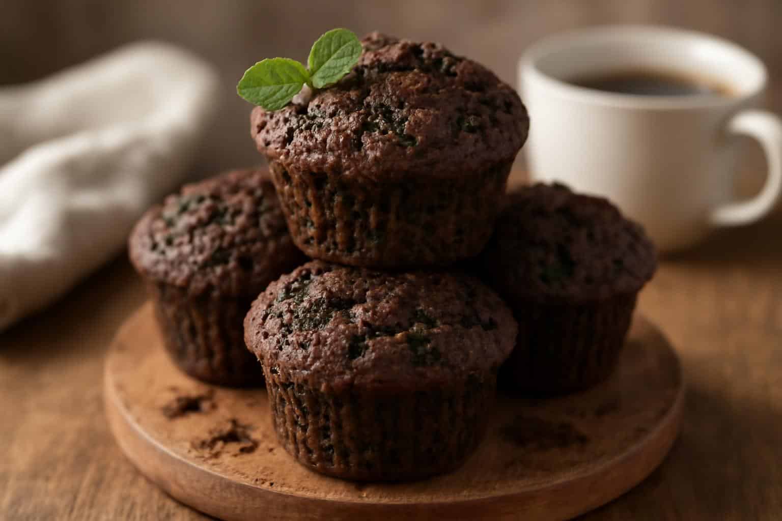 Stack of fresh chocolate spinach muffins garnished with mint leaves under natural light