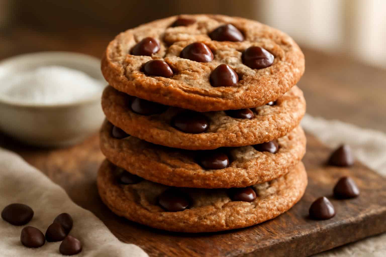 Chewy chocolate sugar cookies made with browned butter blondie on wooden board with chocolate chips