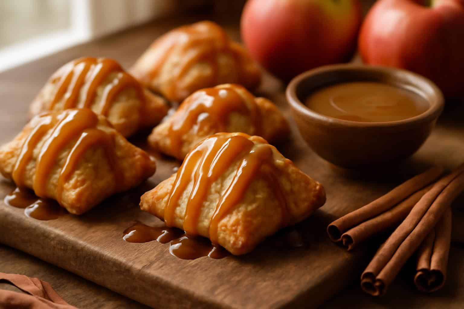 Golden cinnamon caramel apple pie bites with flaky crust and caramel drizzle