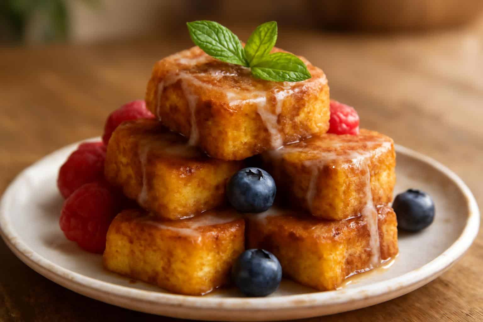 Plated cinnamon roll french toast bites with cinnamon sugar glaze and fresh berry garnish