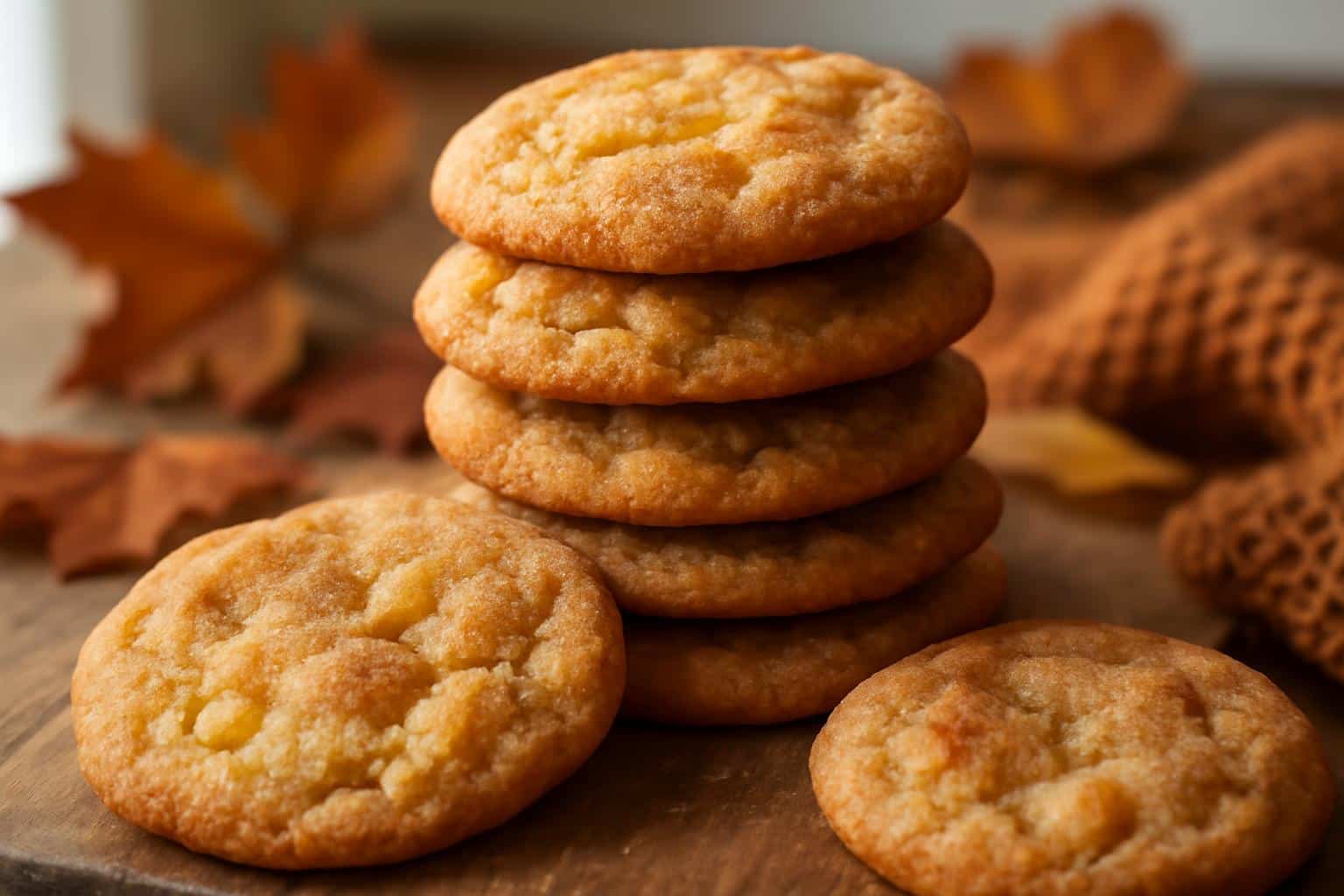 Cinnamon spiced snickerdoodles stacked on a wooden board with sugar dust and apple pieces visible