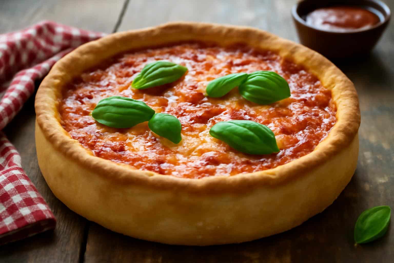 classic chicago deep dish pizza with golden crust and melted cheese on rustic wooden table