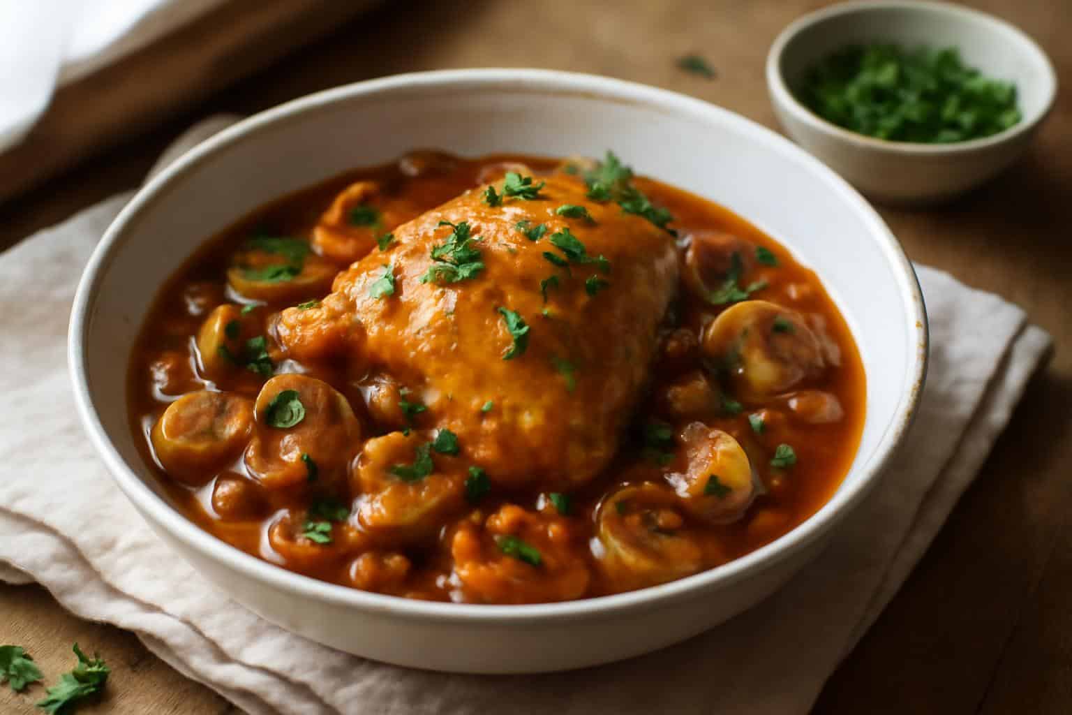 Classic chicken chasseur dish with mushroom tomato sauce and parsley garnish in a rustic bowl