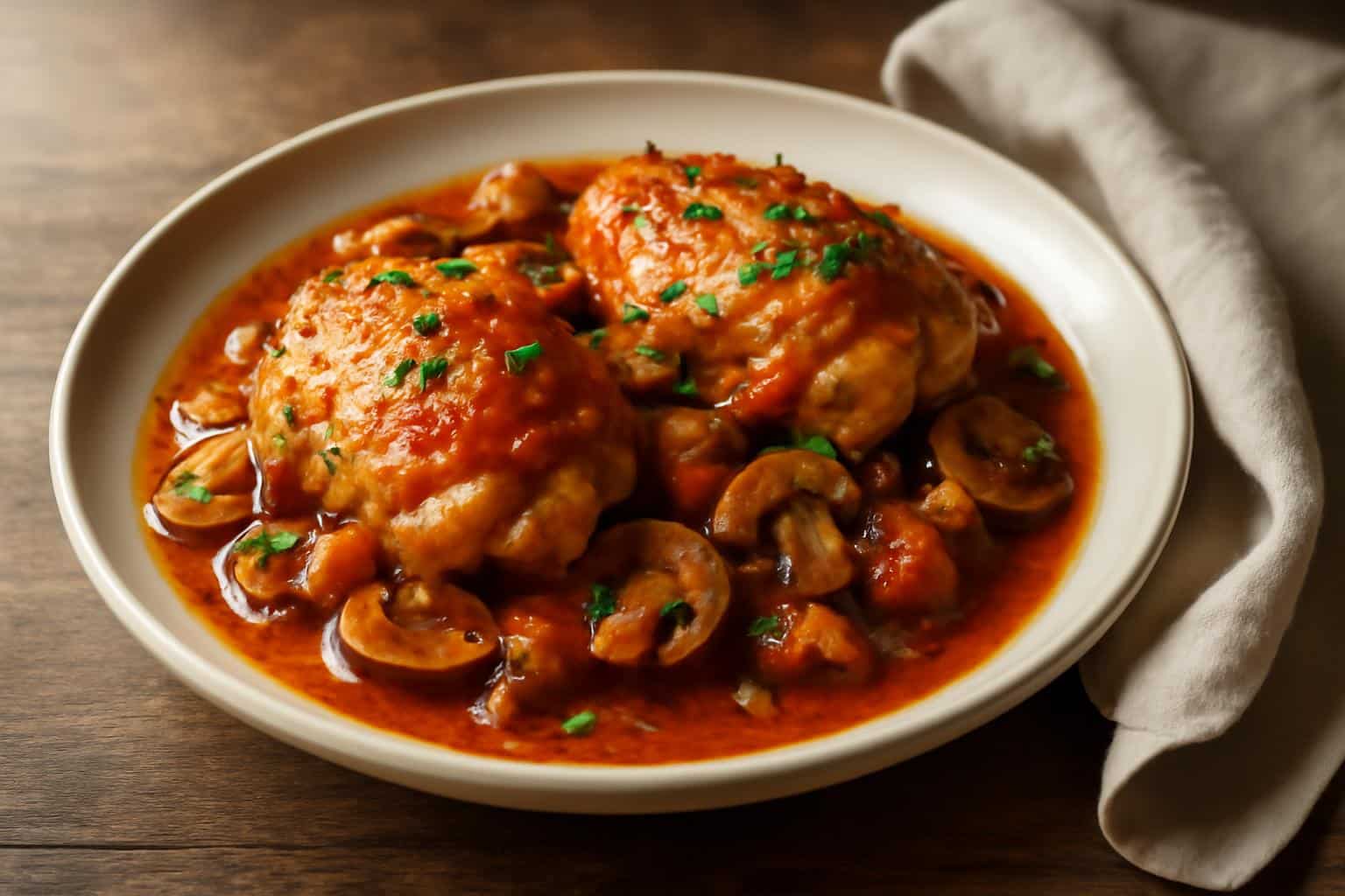 Classic chicken chasseur dish with mushroom and tomato sauce garnished with parsley