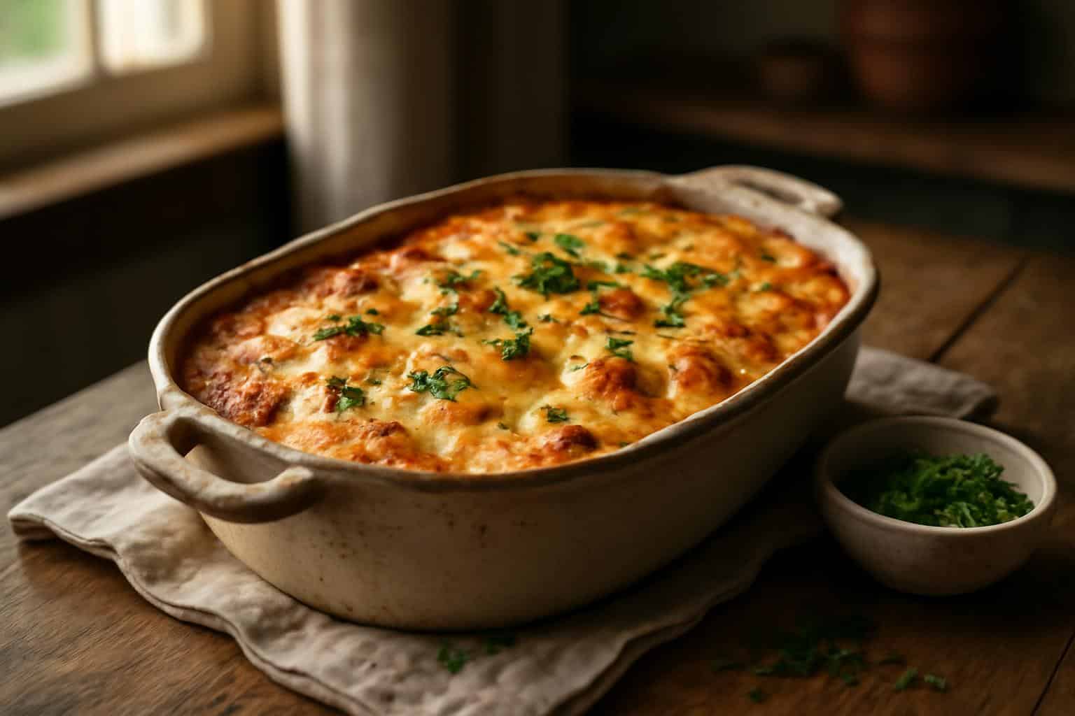 Golden baked church cookbook casserole topped with melted cheese and parsley