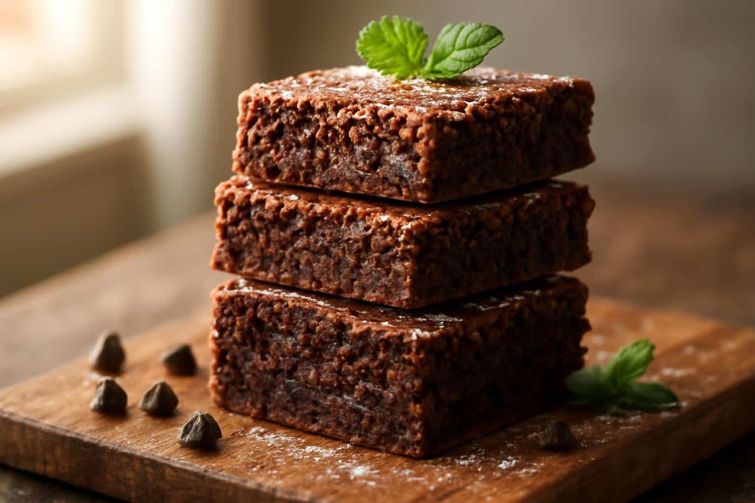 Classic fudgy brownies with shiny cracked top served on rustic board with mint garnish