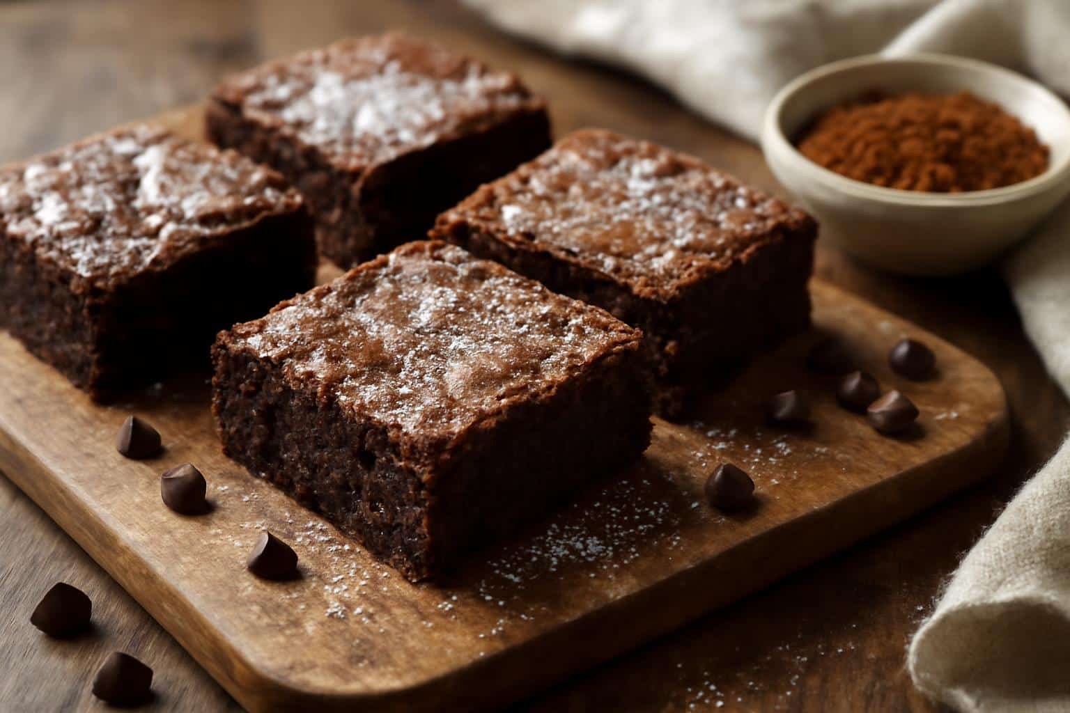 Classic fudgy brownies with glossy cracked top and powdered sugar garnish, perfect fudgy brownies dessert