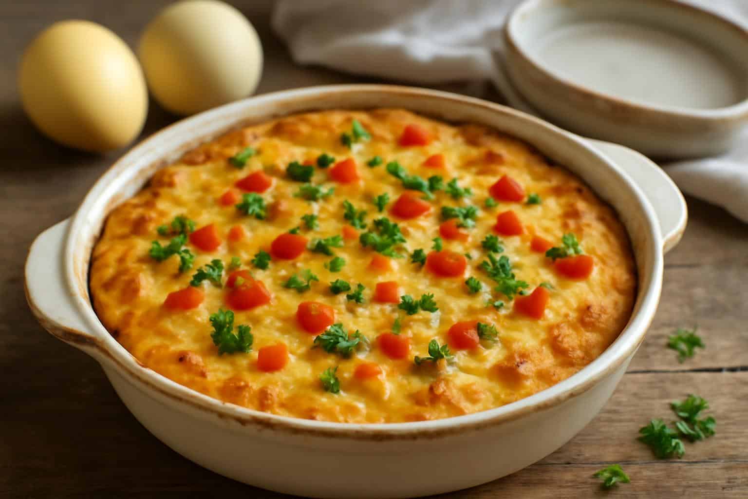 Golden-brown Easter casserole garnished with parsley and red peppers, a classic easter casserole recipe