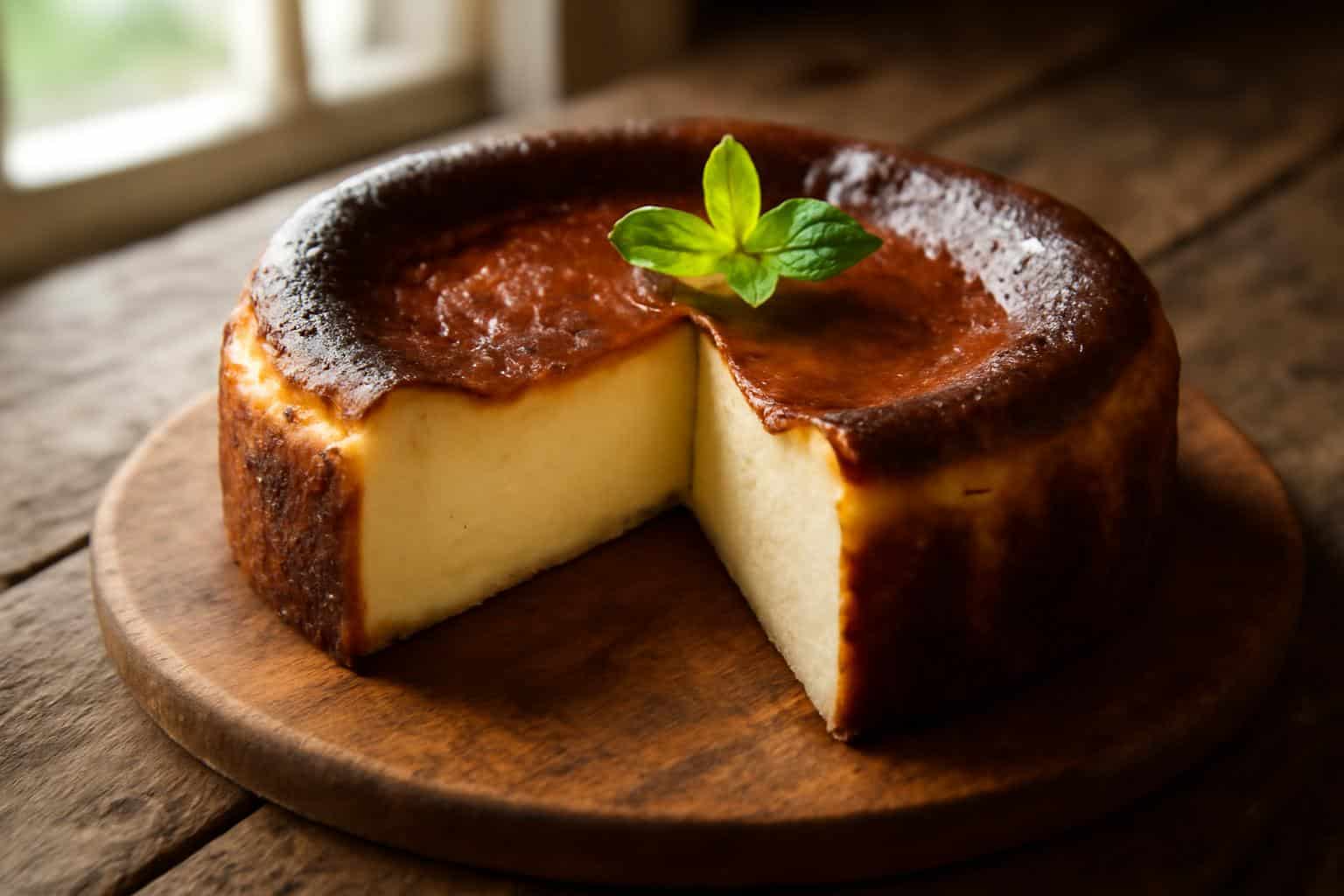 San Sebastian cheesecake with burnt top and creamy interior, classic san sebastian cheesecake