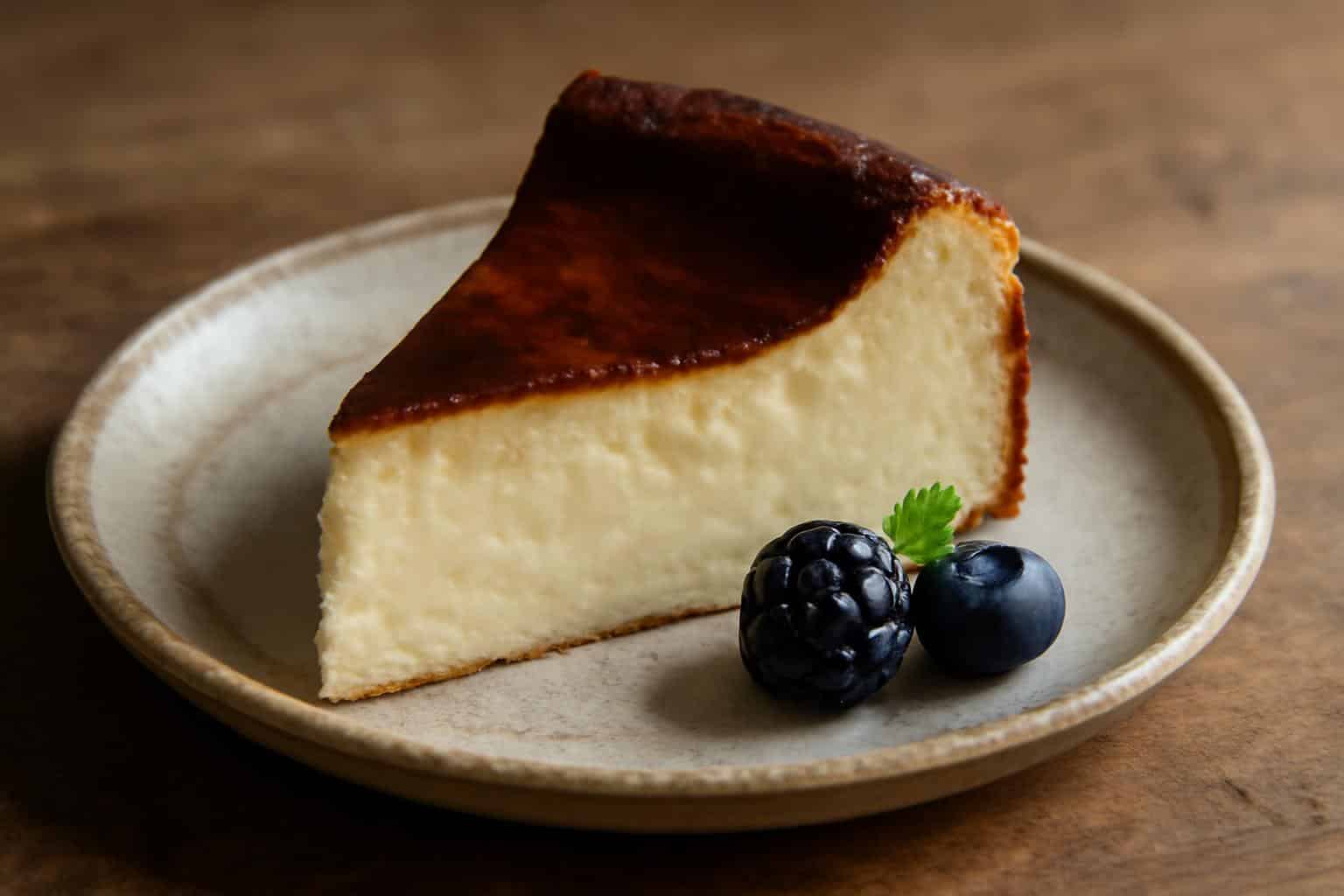 Slice of creamy San Sebastian cheesecake with caramelized burnt top on a rustic plate