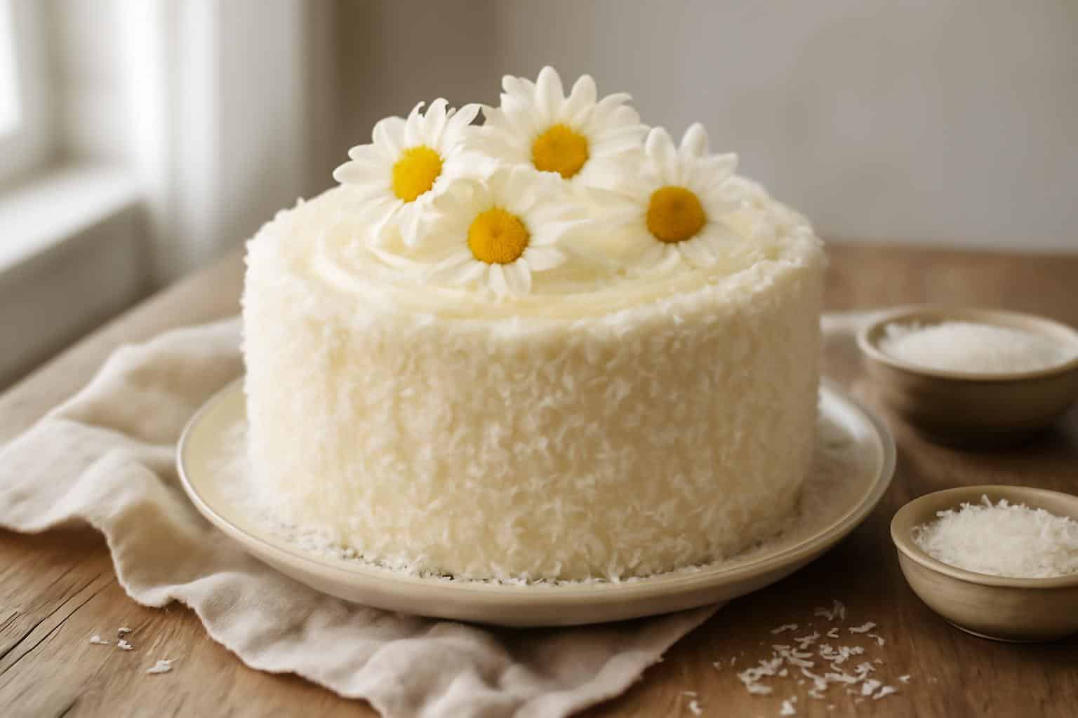 moist coconut cake decorated with fresh daisies and creamy frosting on rustic wooden surface