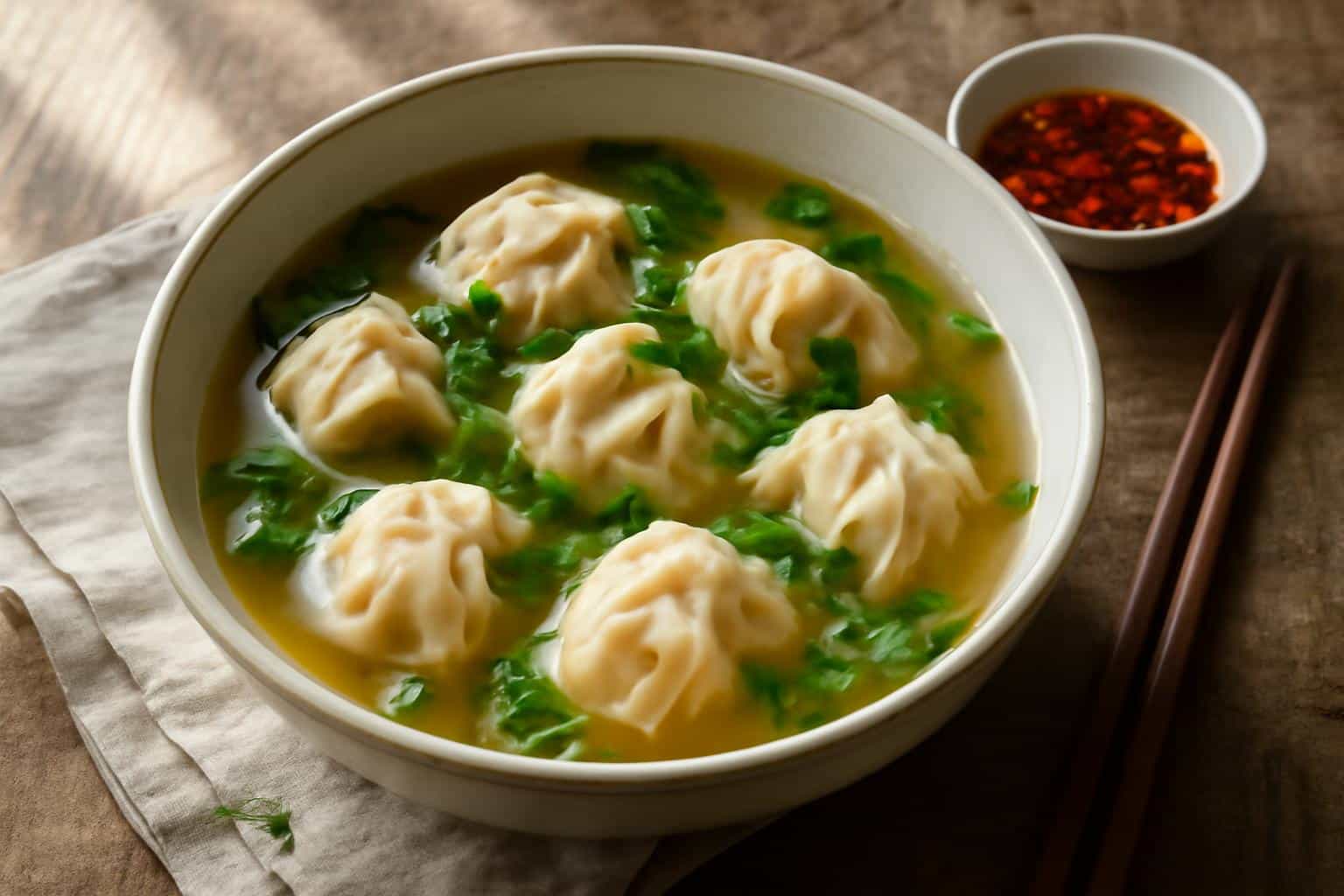 Steaming bowl of chicken wonton soup with homemade dumplings and fresh green garnish