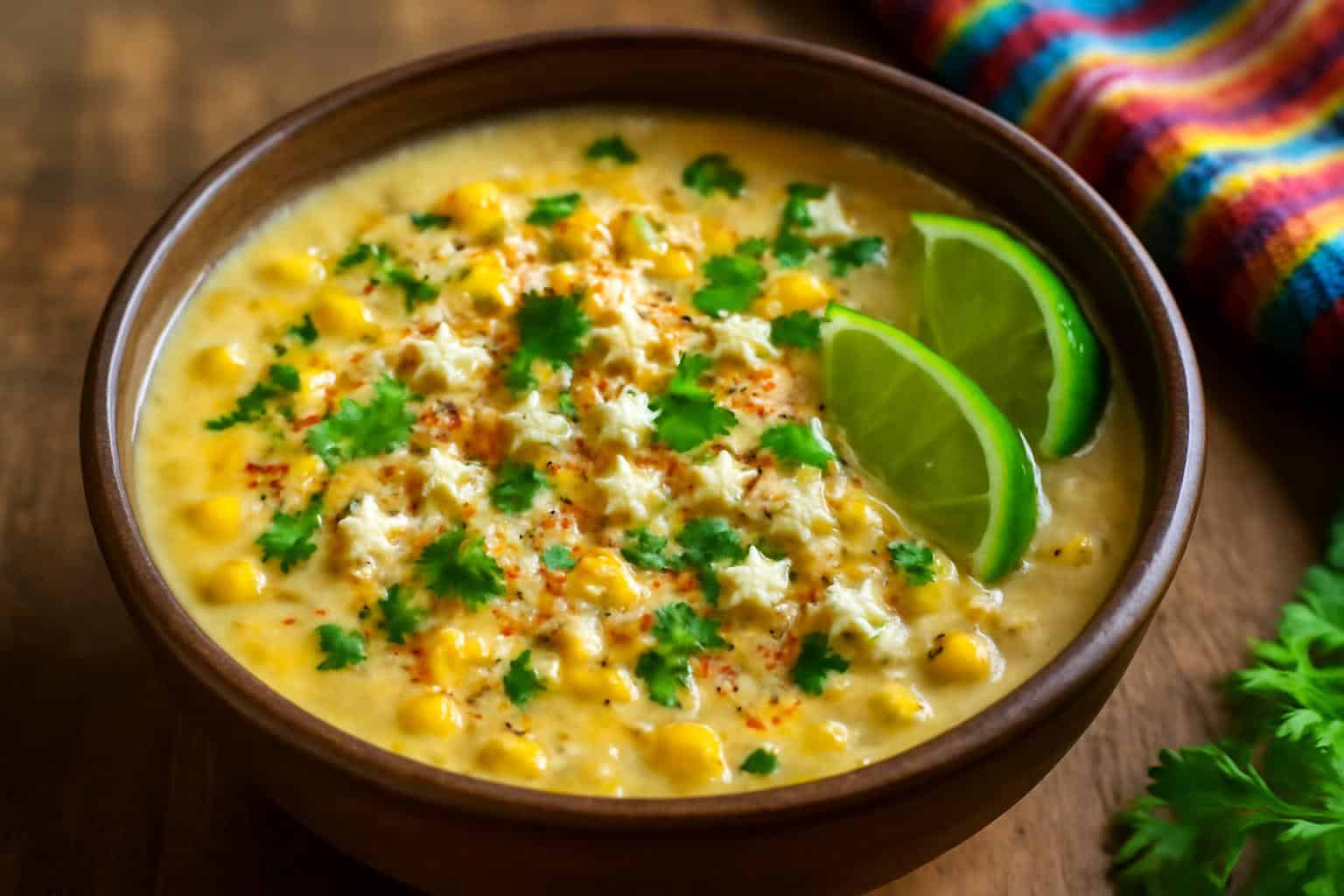 Slow cooker corn soup garnished with cotija cheese and cilantro, showing slow cooker corn soup with Mexican street corn