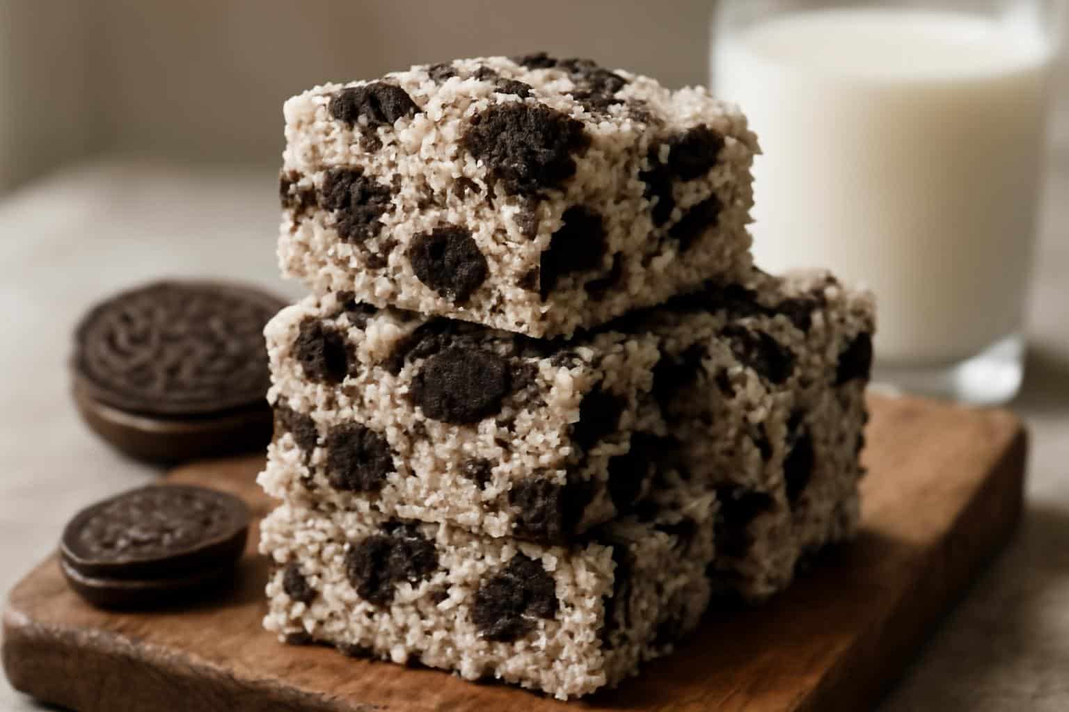 Close-up of cookies cream rice crispy treats with visible cookie chunks and marshmallow texture