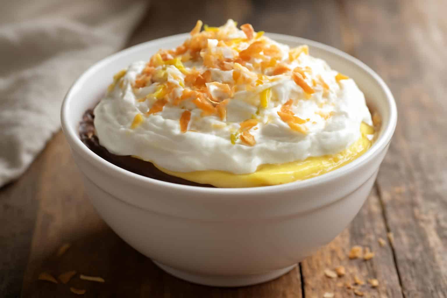 Layered cool whip dessert with chocolate, coconut, and lemon in a bowl, garnished with toasted coconut and lemon zest