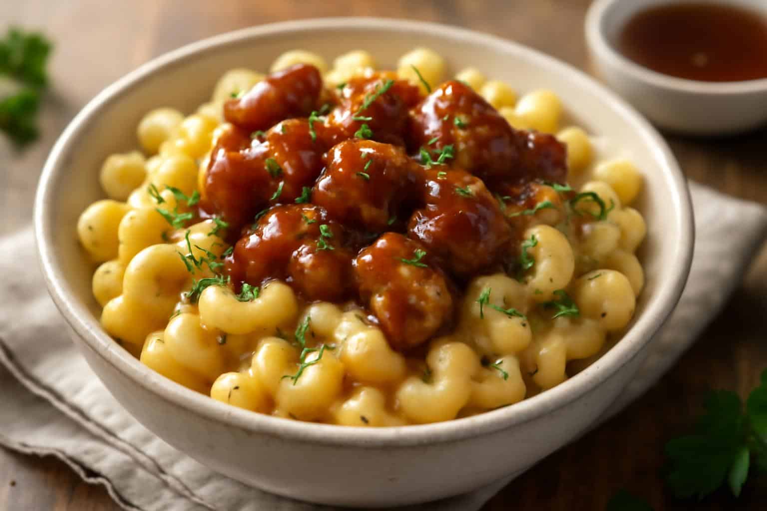 Honey pepper chicken mac and cheese in a bowl with creamy cheese and glazed chicken topping