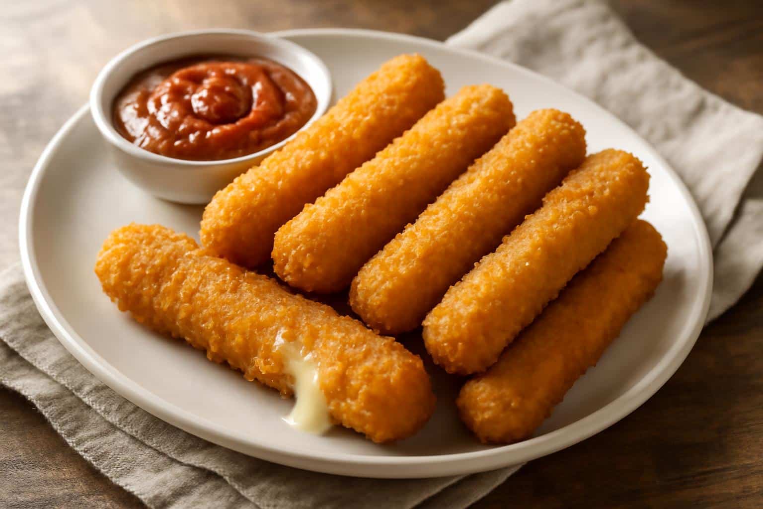 Golden crispy copycat cheese sticks with marinara sauce on rustic wooden surface