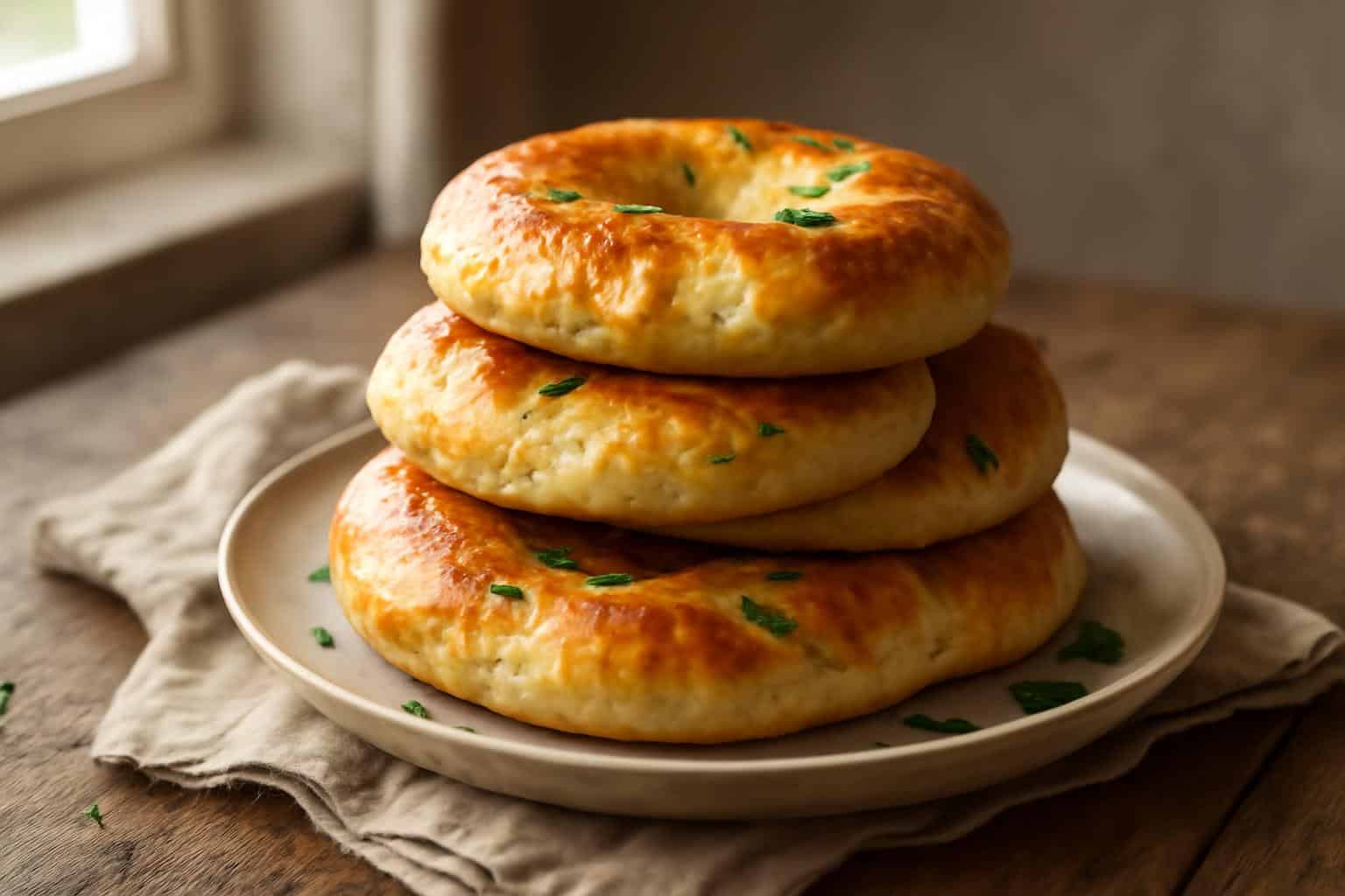 Freshly baked golden cottage cheese flagels on a rustic plate with herbs, soft texture visible