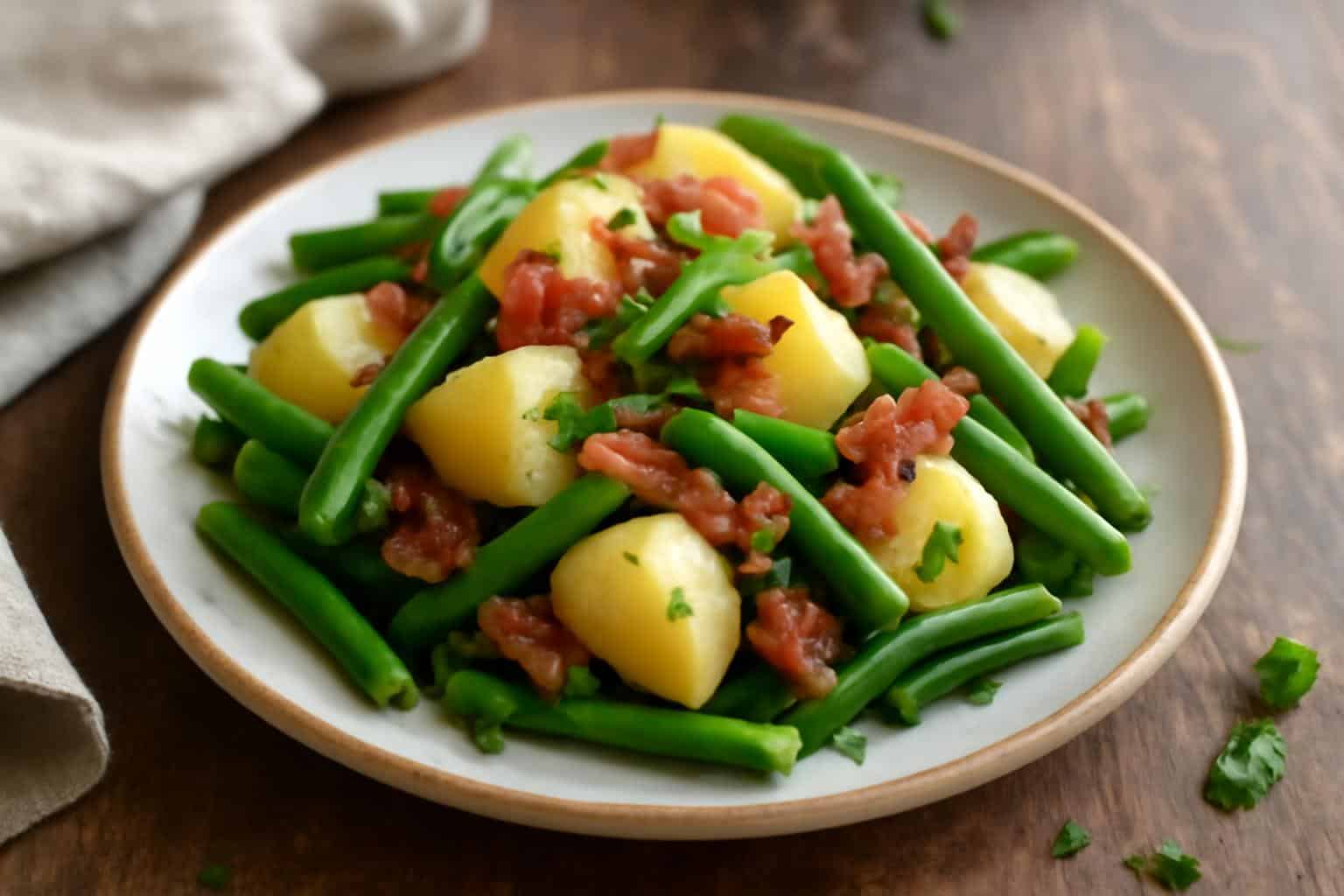 Plate of country ranch green beans and potatoes with bacon garnished with parsley