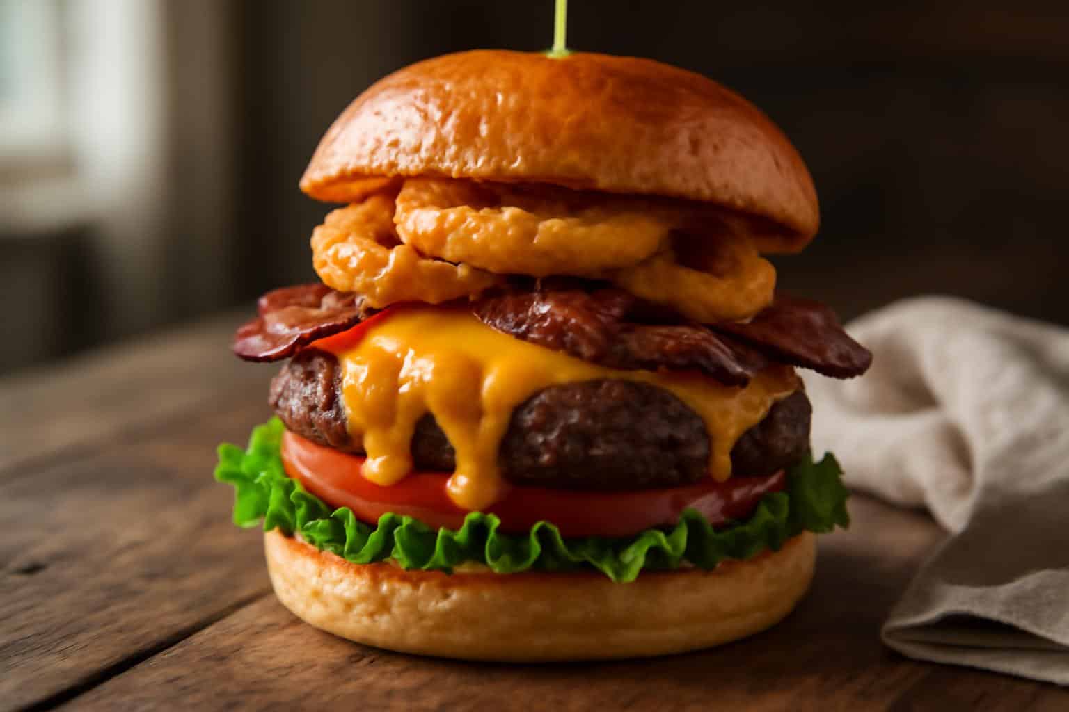 Smoky cheesy cowboy burger with bacon, onion rings, and fresh toppings on a toasted bun